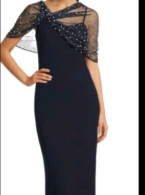 Eliza J Navy Strapless Evening Gown with Beaded Overlay